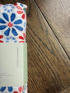 Little Unicorn Blue & Red Floral Muslin Blanket swaddle nwt super ultra soft
